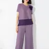 Miyake Moda Pleated Set Women Women Summer Contrast Color Pullover Top Top Cintura Pontas de perna reta de perna alta 240422