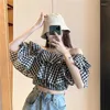 Frauenblusen Kimotimo One Schulter gekräuseltes kariertes Shirt Hemd Frauen 2024 Sommer sexy hohe Taille Schlanker Fit Y2K Tops Korean Mujer Mode