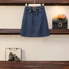 Arbeitskleider Frauen Sommer Denim Zwei Stücke Set Jacke Mantel Top und hohe Taille Eine Linie Röcke Anzug weiblich modisches Outfit Deep Blue