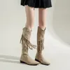 Boots Bohemian Style Ladies Tassel 2024 Winter Warm Feminino Knee High Confortável Camurça Baixa Camurça Zapatos Mujer