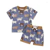 Ensembles de vêtements Focusnorm 0-3y Toddler Baby Boys Boys Western Farm Vêtements 2pcs Cartoon Animal Imprimé à manches courtes T-shirt Short élastique