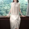 Etnik Giyim 2024 Bahar Çin tarzı iki parçalı Hanfu Set Kadınlar Retro Zarif Qipao Geliştirilmiş Yarım Kollu Cheongsam İplik Elbise W296