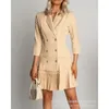 Robes décontractées 2024 Robe d'hiver d'automne Femmes Couleur solide Couture plissée Double poitrine à manches longues Collar-down Blazer