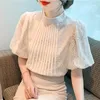 Bluzki damskie Summer Women White Lace Hafdery Vintage OLE OL Work Casual Tops Eleganckie puff Short Sweeve Sweet Shirt 2024