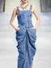 Casual Dresses Fashion Buckle Sleeveless Ruched Design Denim Maxi Dress Vintage Elegant Bodycon Party Straight For Summer 2024