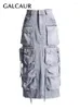 Kjolar galcaur streetwear casual split midi last för kvinnor hög midje lapptäckfickor vintage bantning denim kjol kvinnlig