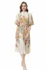 Women's Runway Dresses Stand Collar Half Sleeves Floral Printed Casual Vestidos with Belt