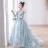 2024 Blue Luxury Flower Girls jurken Lange mouwen Lace Appliqued With Train TuLle Girl Pageant Ball Jurk Kinderen Formele feestjurk First Girls Communion Pageant -jurk