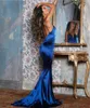 Feestjurken Sexy Long V-Neck Bacless Prom Royal Blue Mermaid Spaghetti Satin Evening Dress Sweep Train Vestidos de Noche For Women