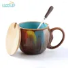 Крупки творческие молочные чашки ручной работы с ложкой коллекционные изобразительные искусства нарисованные кофейные кружка экологически чистые керамики 12 унций