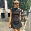 Zarif İnce Katı Cepler Mini Dres Yaz Modası Oneck Kısa Kollu Aline Siyah Elbiseler Ofis Lady Chic Vestidos 240423