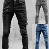 Jeans pour hommes Slim Biker Ripped Long Denim pantalon Skinny Pocket Side Stracts et Zips Pantalon de jogging masculin détruit extensible