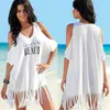 Women Beach Wear Summer Beach Bikini Cover Up Women White Off Shoulder Kafan Sarong Loose Tops Casual Fringed Shirt Swimwear Beachwear d240501