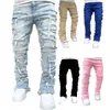 Jeans pour hommes jeans jeans pour hommes jeans violets ajustement régulier empilé patch en détresse détruite pantalon denim droit des vêtements de street