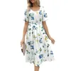 Casual Dresses Women Summer Elegant Fashion Flower Printed Round Neck Kort ärmklänning med fickor Daglig vanlig all-match