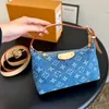 Kvinnor Luxurys designers denim tygväska blommor dubbel axel rem crossbody kvinnor handväska med original metallpåse handväska 20 cm