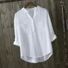 Dames PoloS Lente zomer causale blanke vrouwen shirts v-neck losse katoenen kantoor dame elegante dubbele pocket blouse tops
