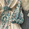 Casual Dresses Neploe Elegant Stand Collar Lantern Sleeve Mid-length Dress Print Belt Slim Fit Vintage Femme Robe Moda High Waist Mujer