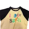 Women's T Shirts Summer Retro Yellow Street Style Short Clothing Tight Slim Spliced Letter Printed Girl T-shirt