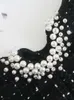 Kpytomoa Women Fashion With Pearl Beads Hollow Out T Mini Dress Vintage Backless Zipper Wide Beams vrouwelijke jurken Vestidos 220402