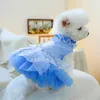 Vêtements pour chiens 1pc Vêtements pour animaux de compagnie chat printemps / été bleu arc valtz princesse robe traction boucle adaptée aux petits et moyens chiens de taille moyenne