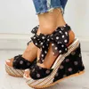 Sandaler Womens Platform Wedges Heel Fashion Cotton Tyg Dot Lace-Up Shoes Footwear 2024 Summer H240504