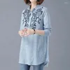 Women's Blouses Thin Japan Style Turn-down Collar Cotton Linen Striped Long Sleeve Women Shirt Medium Length Single Breasted Large