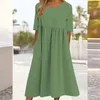 Robes décontractées en coton d'été Double poches Femmes Loose d'épissage lâche Robe ourlet plissée Couleur solide femelle Orage de cou de cou