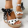 Sandaler Womens Platform Wedges Heel Fashion Cotton Tyg Dot Lace-Up Shoes Footwear 2024 Summer H240504