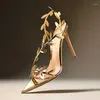 Kleiderschuhe 2024 Original Design Damen Luxuspumpen Sommer Gold Speoded Toe Metallic Branch Stiletto Heels Sandalen für Frauen