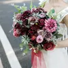 Dekorativa blommor vinröd konstgjorda kombinationer dahlia silkes falska rosor för diy bröllop buketter fest brud heminredningar