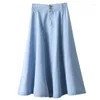 Rokken lichtblauwe denim vrouwen zomer vintage 2024 elastische geplooide knie-lengte a-line elegante vrouwelijke kleding topkwaliteit