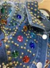 Tunga industrin pärlor korta denimrock kvinnor faller vinter färgglada kristaller långärmad enbredad lapel jeans jacka 240423