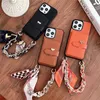 Originla Material Lederen Silk Pols Band Chain 4 Pocket Card Phone Case voor iPhone 15 15Promax 14Pro 14 13Promax 13 12 Designer Luxe Filp Wallet Shockproof Case