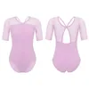 Conjuntos de ropa Niños Girls Solid Color Dance Leotards V Correo de media manga Corres de la cruz Corcha sin espalda Patchwork Ballet Ballet transpirable Leotard