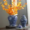 Flaskor Creative Ceramic Flower Vase Porcelain White Tangled Jar Blue Crafts and General Arrangement Home Lotus Storage Decoration