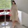 Casual jurken kawaii geborduurde jurk vrouwen witte elegante lange rok ruches kanten elastische taille poppen fall jeugdfeest