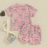 Giyim Setleri Toddler Bebek Kız Çocuk Yaz Şort Seti Ayı Çizgi Baskı Kısa Kollu Tişörtler ve Elastik Günlük Kıyafetler