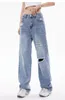Jeans féminins Summer Blue Hole mince jeune fille Street Bottoms Straight Bottoms Vintage Casual Aredged Pants Pantalon féminin à jambe large