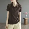 Polos femininos de manga curta camiseta de polo de pescoço de pescoço verde camisetas roupas lisas com tendência de colarinho estético de estilo coreano sintético