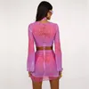 SEXY Long Sleeve 2 stuks Outfits voor dames Outfits Tie Dye Sheer Mesh Cover Up Dress Crop Top Bodycon Ruched Y2K Mini Roksets