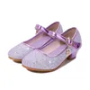 Sapatos planos crianças sapatos princesas dança estudante para meninas sandálias de salto alto vestido de crianças roxo de couro brilho de cristal h240504