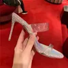 Elbise ayakkabıları açık yuvarlak ayak parmağı yüksek topuk sandalları stiletto rhinestone şeffaf terlik bacak uzatan seksi kristal kadın sanalyiler