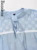 Blusas femininas Bohimian 2024 camisas soltas e camisa de bordado azul de tartan elegante algodão