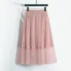 التنانير Qooth Women Fairy Tulle Tulle Mesh Skirt الأنيقة مرنة زهرة Long A-Line Line For Spring Summer QT2146