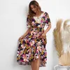 Partykleider Keby ZJ Sommerfrau Elegantes Midi Kleid Urban Casual Beach Urlaub gegen Hals Viskose Vestidos Blume gedruckt Vintage