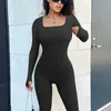 Waist Tummy Shaper Guudia Padded Cup jumpsuit with thumbhole ribs womens long sleeved square neck sexy tight fitting jumpsuit set Q240430