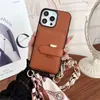 Originla Material Lederen Silk Pols Band Chain 4 Pocket Card Phone Case voor iPhone 15 15Promax 14Pro 14 13Promax 13 12 Designer Luxe Filp Wallet Shockproof Case