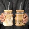 Wijnglazen 500 ml streepglas kopje met deksel en stro transparante mok ijsje koffie drinken voor sapwaterdrankware