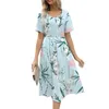 Casual Dresses Women Summer Elegant Fashion Flower Printed Round Neck Kort ärmklänning med fickor Daglig vanlig all-match